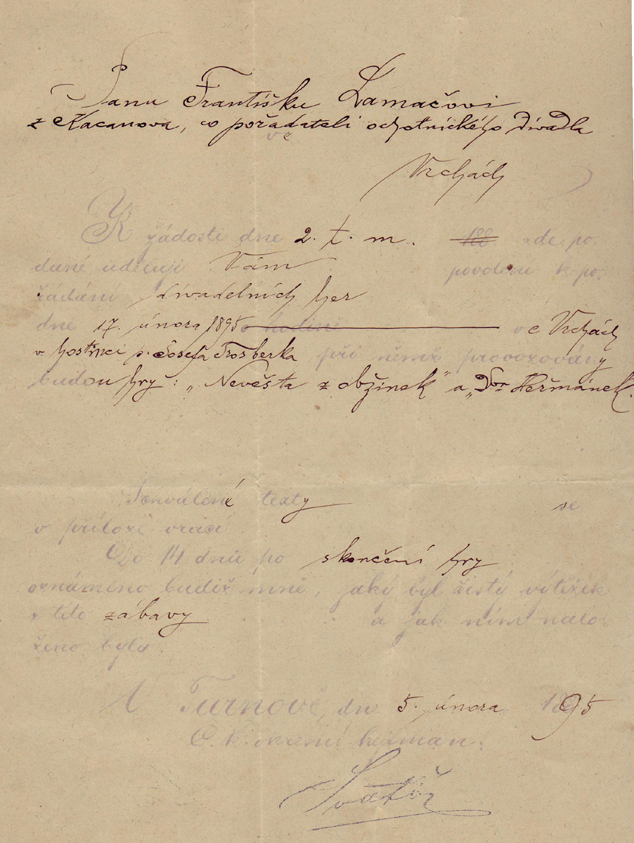 Povolení k provozování divadlení hry pro pana Lamače z 5. února 1895